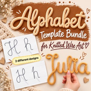 Pacchetto di modelli di alfabeto per lavori artistici con filo metallico lavorato a maglia, 2 diversi design, lettere maiuscole e minuscole, stencil in tricotina con frecce guida, PDF