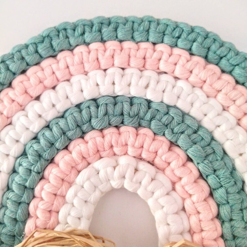 Macrame Rainbow Wall Hanging with Raffia Bows, Pastel Colored Fiber Rainbow, Nursery Wall Art, Rainbow Baby Gift, Mothers Day, Birthday Gift image 4