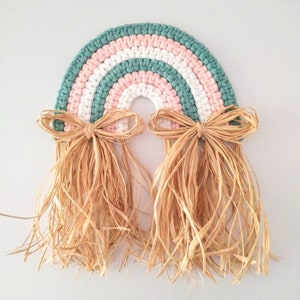 Macrame Rainbow Wall Hanging with Raffia Bows, Pastel Colored Fiber Rainbow, Nursery Wall Art, Rainbow Baby Gift, Mothers Day, Birthday Gift image 2