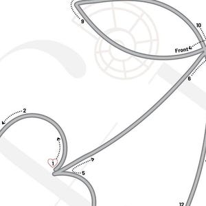 May include: A gray line drawing template featuring a series of numbered points connected by dotted arrows. The diagram includes labels such as Front, and numbers 1 through 13, with a small pink heart icon next to the number 1 on a white background.
