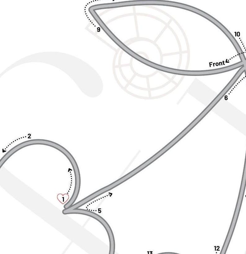 May include: A gray line drawing template featuring a series of numbered points connected by dotted arrows. The diagram includes labels such as Front, and numbers 1 through 13, with a small pink heart icon next to the number 1 on a white background.