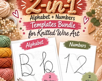 May include: A 2-in-1 alphabet and numbers template bundle for knitted wire art. The set includes printed guides for letters and numbers, pink and green scalloped labels, and a pair of pink-handled wire cutters on a light wooden surface.
