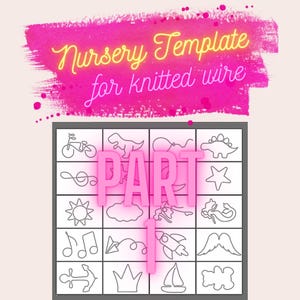 Puede incluir: Una cuadrícula en blanco y negro con 16 imágenes diferentes con temática de guardería. La cuadrícula está etiquetada como "PARTE 1" en rosa. Las imágenes incluyen una bicicleta, un dinosaurio, un pulpo, una estrella, un sol, una nube, un cohete, un bigote, notas musicales, una cometa, un ancla, una corona, un velero y un corazón.