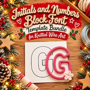 以下が含まれることがあります： Initials and Numbers Block Font Template Bundle for Knitted Wire Artというテキストが書かれたニットワイヤーアート用テンプレートバンドル。白いカードには黒い輪郭の文字Gと、ピンク色のニットワイヤーで作られた文字Gが配置されています。