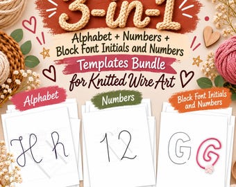 Könnte beinhalten: Ein digitales Vorlagenpaket für Strickdrahtkunst mit dem Text 3-in-1 Alphabet + Numbers + Block Font Initials and Numbers. Das Set enthält druckbare Anleitungen für Schreibschriftbuchstaben, Zahlen und Blockschriftzeichen.