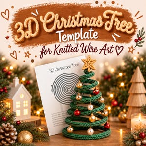 May include: A 3D Christmas tree template for knitted wire art featuring a spiral green wire tree topped with a gold star and decorated with small gold and red ornaments, accompanied by a printed instruction sheet with the text 3D Christmas Tree.