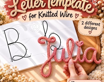 Alfabet sjabloonpakket voor gebreide draadkunst, 2 verschillende ontwerpen elk: hoofdletters en kleine letters, tricotin sjabloon met hulppijlen.