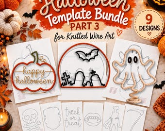 Halloween Template Bundle -  PART3, Knitted Wire Art, 9 Spooky Designs, Tricotin Stencil with Guiding Arrows, Printable A4 PDF