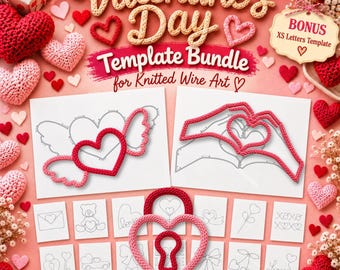 Valentine's Day Tricotin Template Bundle for Knitted Wire Art, FREE XS Letters | Love, Heart Lock and Key, Cherries, Bows, Teddy Bear...