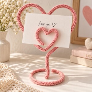 May include: A pink knitted heart-shaped card holder stand with a circular base. A white rectangular card is inserted into the center, featuring the black printed text "Love you" followed by a small heart symbol.