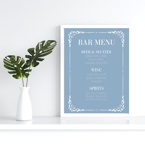 Niestandardowe menu barowe, cyfrowe, na wesele lub inne specjalne wydarzenie, w kolorze przydymionego błękitu, nowoczesne, klasyczne, ponadczasowe, menu drinków