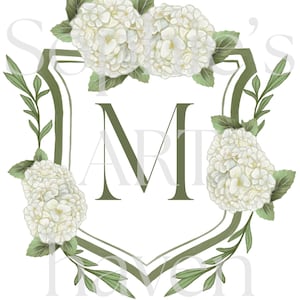 Editable Wedding Crest Canva Template – Green & White Hydrangea Monogram – Customizable Initial