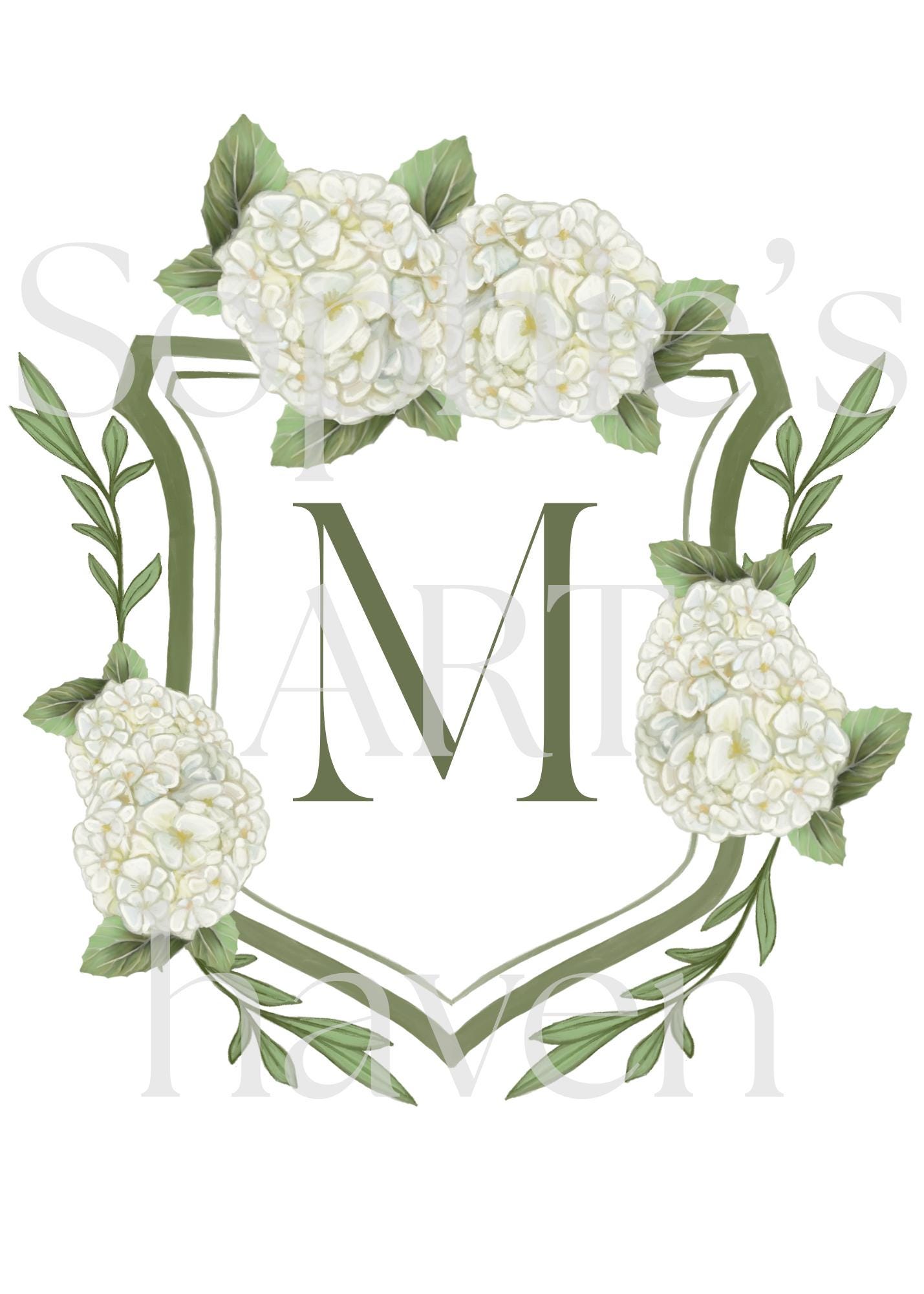 Editable Wedding Crest Canva Template Green & White Hydrangea