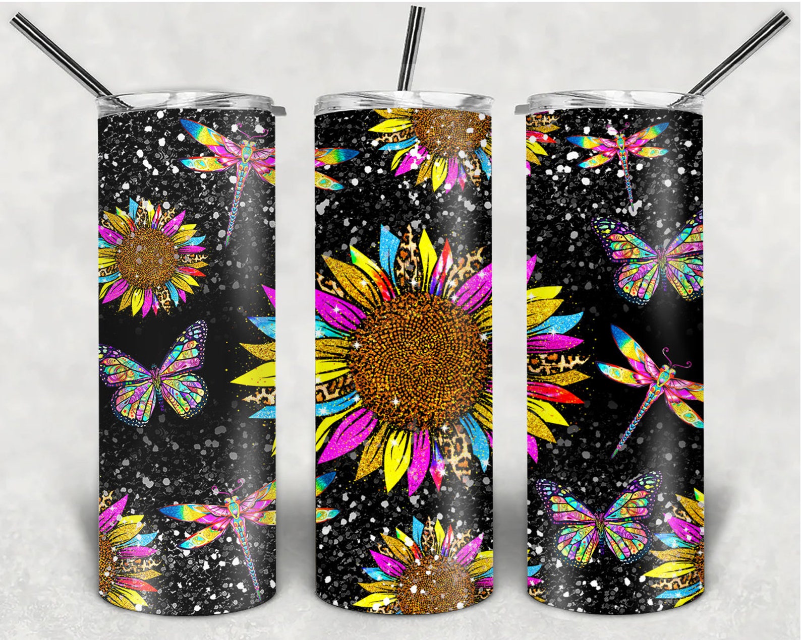 20oz Skinny Tumbler Colorful Sunflower Dragonfly Butterfly PNG - Etsy