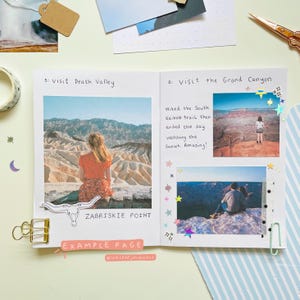 May include: An open journal page featuring travel photos and handwritten text. The left side shows a person at Zabriskie Point, while the right side displays Grand Canyon images with notes about the South Kaibab trail. Decorated with star stickers.