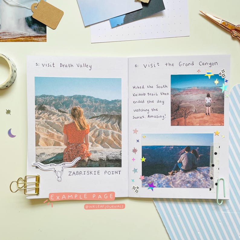 May include: An open journal page featuring travel photos and handwritten text. The left side shows a person at Zabriskie Point, while the right side displays Grand Canyon images with notes about the South Kaibab trail. Decorated with star stickers.