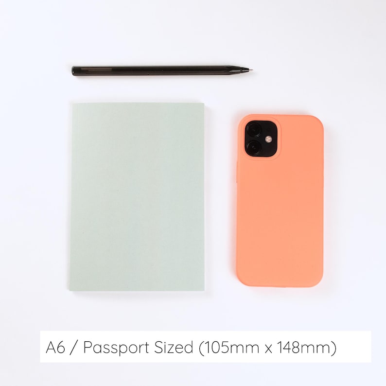 May include: A light green A6 notebook measuring 105mm x 148mm, a black pen, and a peach-colored smartphone case with a dual-camera cutout. The text A6 / Passport Sized (105mm x 148mm) is printed at the bottom of the image for size reference.