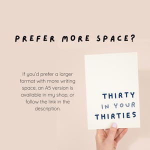 May include: A white greeting card with the text THIRTY IN YOUR THIRTIES in dark blue and light blue lettering. Above the card, the text PREFER MORE SPACE? appears, followed by a paragraph about an A5 version being available in the shop.