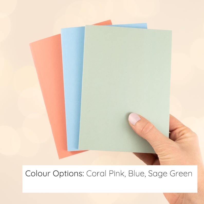 May include: Three rectangular cards in solid colors, arranged in a fan shape. The colors are coral pink, light blue, and sage green. The text at the bottom of the image reads: Colour Options: Coral Pink, Blue, Sage Green.