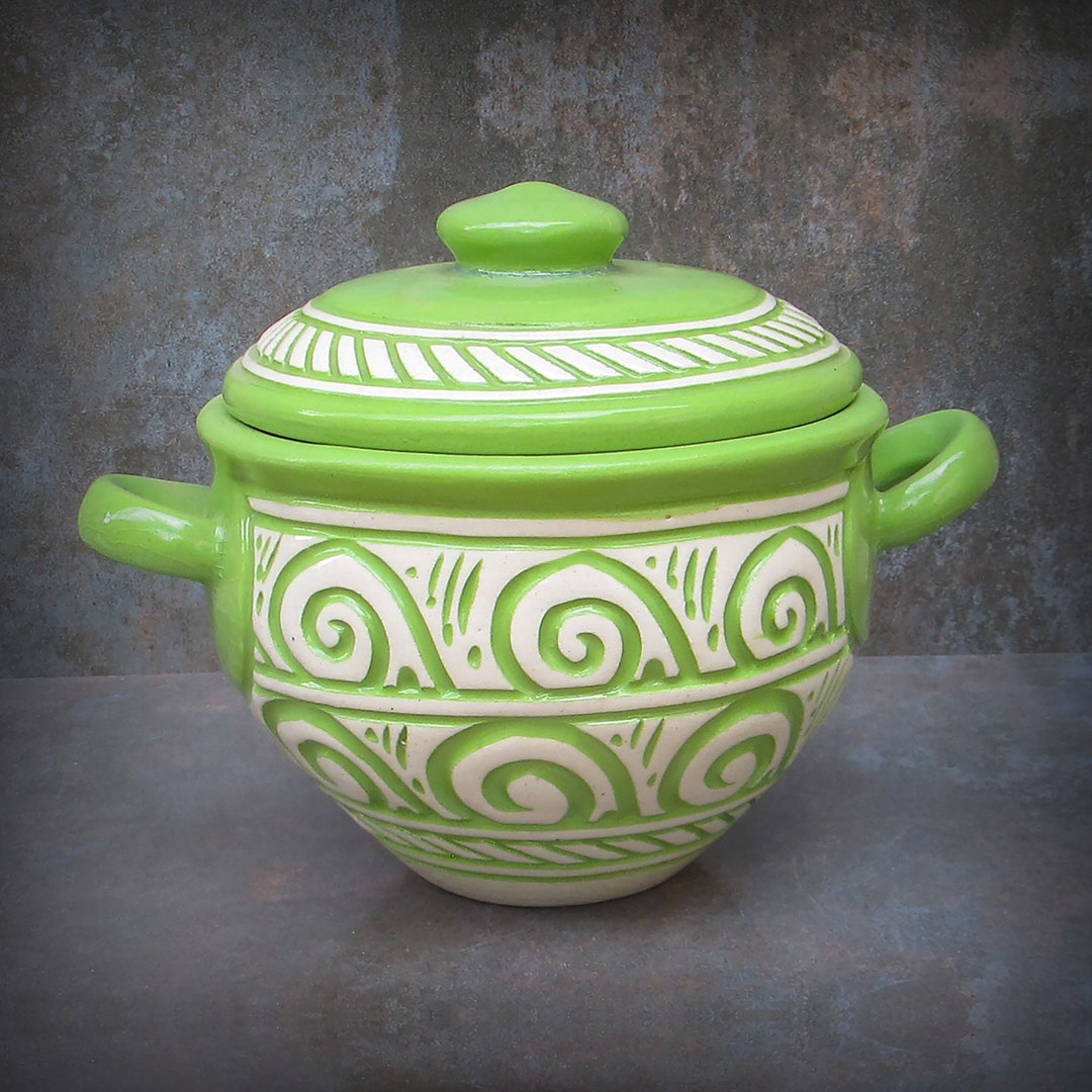 Ceramic Pot With Lid for Cookinggreen White Pottery Etsy UK