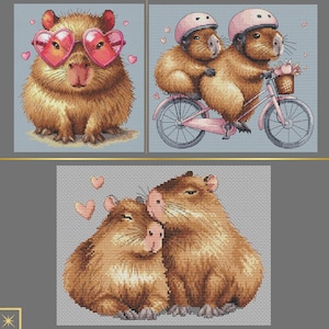 Capybaras cross-stitch patterns, romantic love xstitch patterns, couple on bicycle, Capybara with pink glasses x-stitch