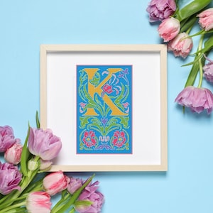 Letter K cross stitch pattern, botanical monogram K x-stitch pdf download, modern initial design, alphabet counted cross stitch, abc font