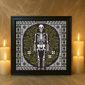 Skeleton cross stitch pattern, spooky Halloween x-stitch, simple gothic design digital