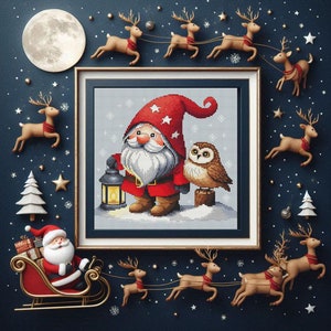 Weihnachtswichtel & Eule Kreuzstich Stickmuster, Weihnachtszwerg mit Laterne PDF Datei, Winter Postkarte Kreuzstich, Geschenk Weihnachten
