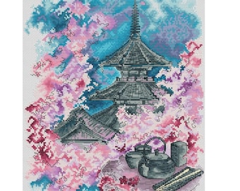 Blossoms Sakura cross-stitch pattern, Japanese house x-stitch, Spring Japan landscape cross stitch chart PDF