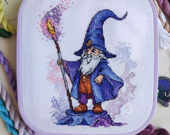Magic wizard cross-stitch pattern, blue hat halloween embroidery PDF design, counted cross stitch chart,