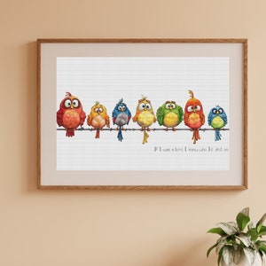 Birds on a wire cross stitch pattern, cute cartoon style x-stitch pdf, nursery wall design, bright counted cross stitch