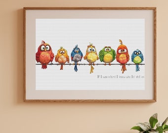 Birds on a wire cross stitch pattern, cute cartoon style x-stitch pdf, nursery wall design, bright counted cross stitch