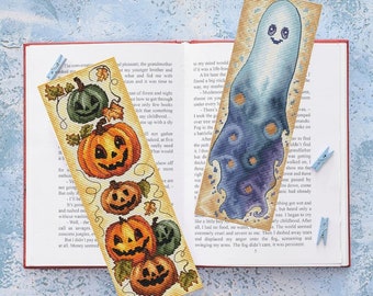 Halloween bookmark cross stitch pattern, pumpkins & ghost embroidery design, spooky bookmark digital PDF