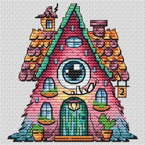 Fairytale house cross-stitch pattern, witch house x-stitch, kids room DIY decor, fantastic cartoon house PDF, halloween pattern digital file