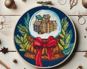 Christmas snow globe cross stitch pattern, winter ball x-stitch design, modern cross stitch