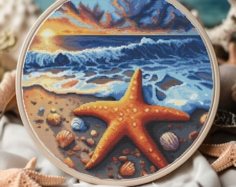 Starfish on the ocean shore Cross stitch pattern, sea wave and beach Cross stitch pattern,coastal digital pdf design, Starfish x-stitch pdf