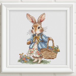 Easter Bunny cross stitch pattern, Rabbit girl with floral basket x-stitch design