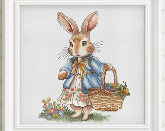 Easter Bunny cross stitch pattern, Rabbit girl with floral basket x-stitch design