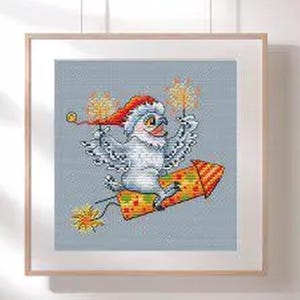 Snowy owl on Xmas fireworks cross stitch pattern PDF, white owl in Santa&#39;s hat x-stitch design, night bird Xmas funny pattern