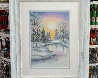 Winter forest cross stitch pattern, sun & snow x-stitch design, Christmas landscape digital file