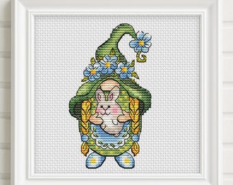 Patrón de punto de cruz de gnomo de Pascua con conejito, gnomo niña y conejo en punto de cruz, diseño de enano primaveral digital