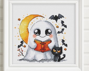 Geist & schwarze Katze Kreuzstichmuster, Halloween Book Reader Kreuzstich, Mond und Fledermäuse Design