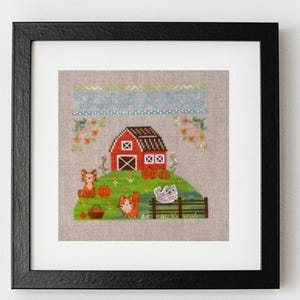 Red Barn & Cats Primitive Cross Stitch Pattern, country sampler x-stitch, autumn farm simple design