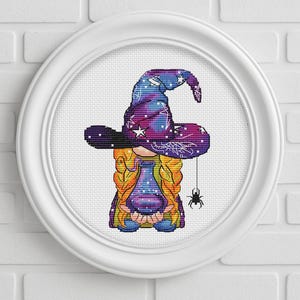 Halloween Gnome cross stitch pattern, witch potion x-stitch design, small dwarf wizard PDF file
