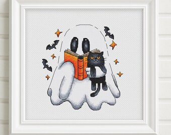 Geisterbuch Leser Kreuzstichmuster Halloween-Geist und schwarze Katze x-Stich