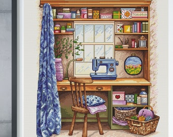 Sewing room cross-stitch pattern, craft room embroidery design, PDF digital file