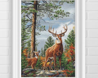 Deer couple cross stitch pattern, forest animals x-stitch