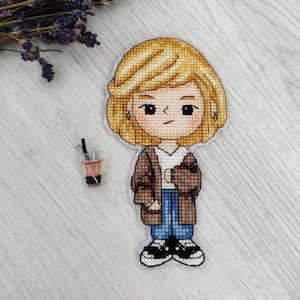 Girl cross stitch chart, kawaii girl pattern, counted x-stitch design, DIY x-stitch for kids room