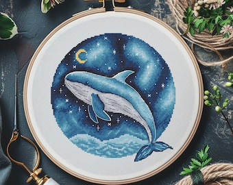 Patrón de punto de cruz de ballena, PDF de punto de cruz de animales marinos, diseño de paisaje marino de noche polar, luna y mar