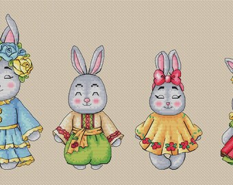 Set of 4 bunny cross stitch patterns, cute little rabbit girl embroidery, Ukrainan PDF counted chart, DIY nursery room decor